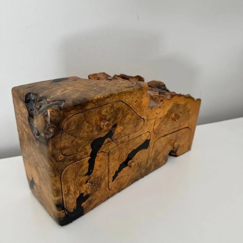 VTG Handcrafted Natural Burl Wood Jewelry Box Multi-Drawer Rustic Artisan Box